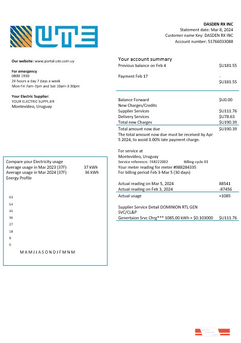 Uruguay UTE Company electricity business utility bill template in Word and PDF formats